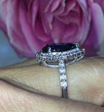 3ct Pear Cut Blue Sapphire Engagement Ring Diamond Halo 14k White Gold Finish