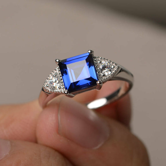 2ct Asscher Cut Blue Sapphire Trilogy Wedding Engagement Ring 18k WhiteGold Over