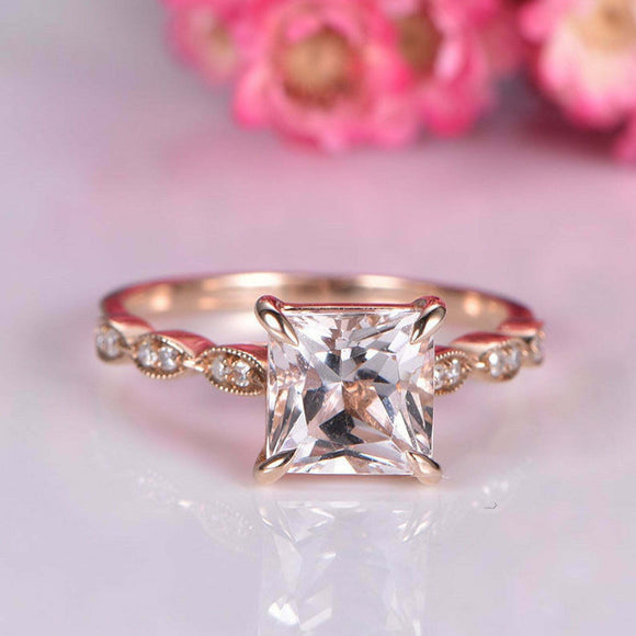 1.5ct Princess Cut Peach Morganite Accents Solitaire Ring 14k Rose Gold Finish