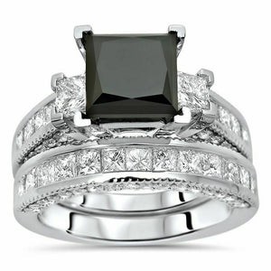 5Ct Princess Cut Black Diamond Stylish Bridal Set Band Ring 14K White Gold Over