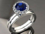 2.2ct Round Blue Sapphire Diamond Halo Solitaire Band RIng 14k White Gold Finish