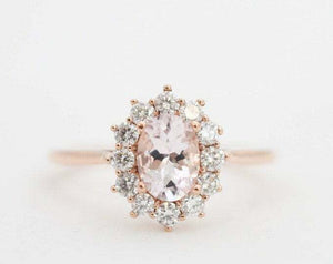 1.5ct Oval Cut Peach Morganite Diamond Halo Engagement Ring 14k Rose Gold Finish