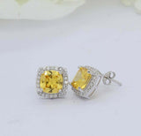 2ct Cushion Cut Yellow Sapphire Halo Diamond Stud Earrings 14k White Gold Finish