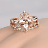 1.9ct Princess Cut Peach Morganite Trio Set Engagement Ring 14k Rose Gold Finish