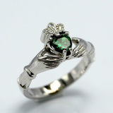 1ct Heart Cut Green Emerald Engagement Ring Claddagh Irish 14k White Gold Finish