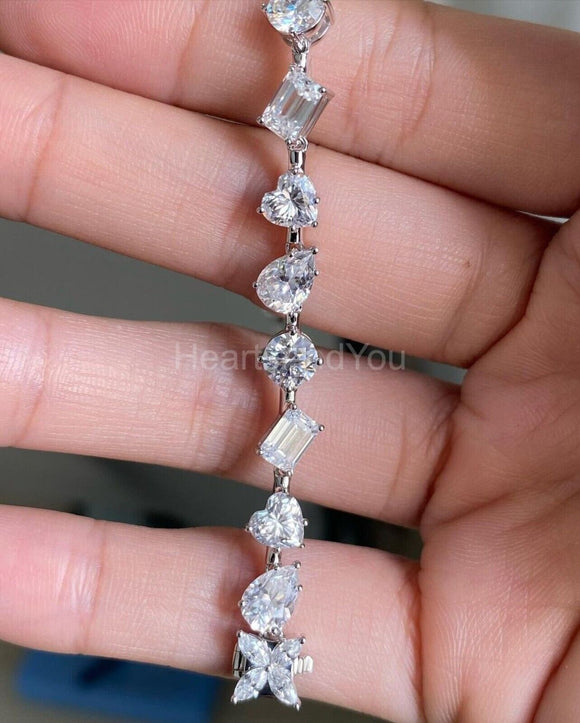 9ct Multi Shape Simulated Box Clasp Wedding Tennis Bracelet 14k WhiteGold Plated