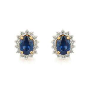 1.75ct Stud Earrings Oval Cut Blue Sapphire Floral Halo 14k Yellow Gold Finish