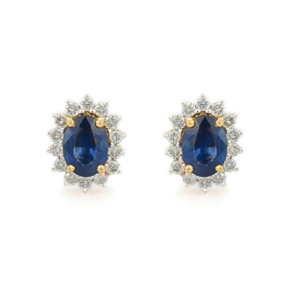 1.75ct Stud Earrings Oval Cut Blue Sapphire Floral Halo 14k Yellow Gold Finish