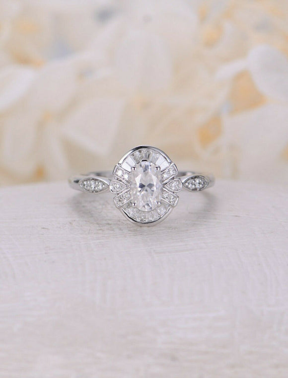 2ct Oval Cut Diamond Engagement Ring Vintage Art Deco Halo 14k White Gold Finish