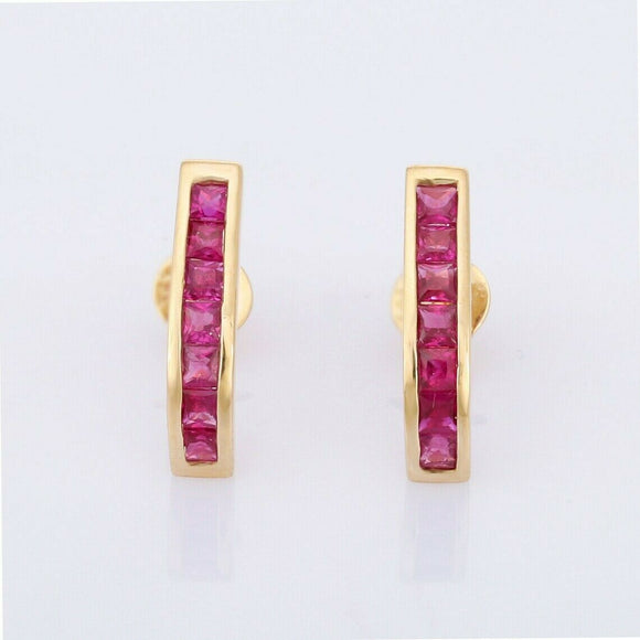 2ct Drop Earrings Princess Cut Pink Ruby Vertical Bar 14k Yellow Gold Finish