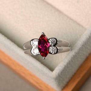 1ct Marquise Cut Ruby Dual Shank Solitaire Round Accent Ring 14k White Gold Over