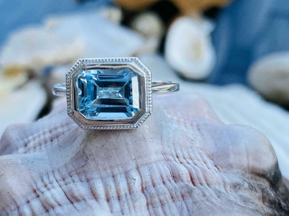 2ct Emerald Cut Blue Aquamarine Milgrain Halo Solitaire Ring 14k White Gold Over