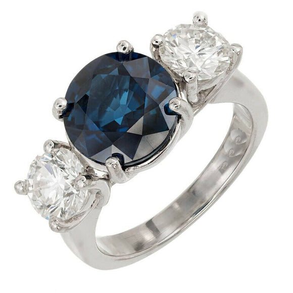 3ct Round Cut Blue Sapphire Engagement Ring Trilogy 14k White Gold Finish