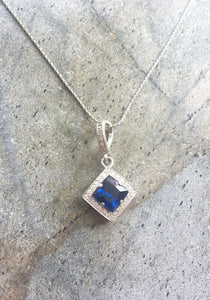 1.5ct Blue Sapphire Pendant Princess Diamond Halo 14k White Gold Finish NO CHAIN