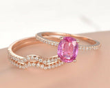 3ct Oval Cut Pink Sapphire Trio Set Wedding Engagement Ring 14k Rose Gold Finish