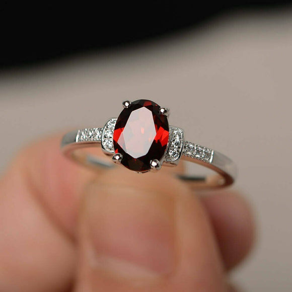 1ct Oval Cut Red Garnet Engagement Ring 14k White Gold Finish Accents Solitaire