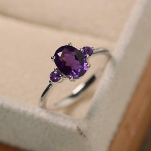 1ct Oval Purple Amethyst Engagement Ring Trilogy Minimalist 14k WhiteGold Finish