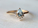 1ct Pear Cut Blue Aquamarine Crown Tiara Minimalist Ring 14k Yellow Gold Finish