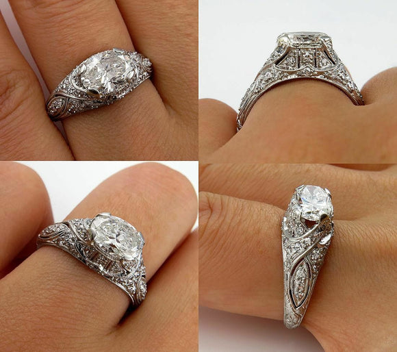 3Ct Oval Cut Diamond Intricate Filigree Antique Vintage Ring 14K White Gold Over