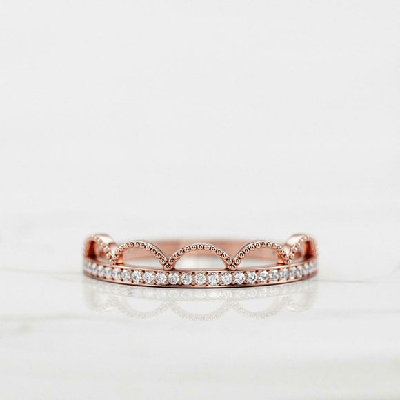 Milgrain Dainty Crown Wedding Band 0.3ct Round Cut Diamond 14k Rose Gold Finish