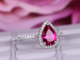 1.5ct Pear Cut Pink Ruby Engagement Ring Diamond Accent Halo 14k White Gold Over