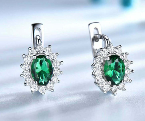 2.5ct Drop Earrings Oval Cut Green Emerald Halo Floral 14k White Gold Finish