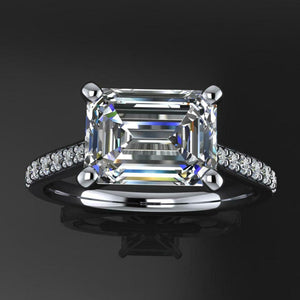 East West Solitaire Engagement Ring 1.75ct Emerald Diamond 14k White Gold Finish