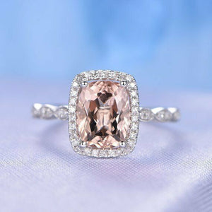 2.5ct Cushion Cut Peach Morganite Halo Engagement Ring 14k White Gold Finish