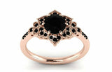 Flower Milgrain Halo Engagement Ring 2.2ct Round Black Diamond 14k RoseGold Over