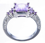 3Ct Princess Cut Amethyst Vintage Solitaire Engagement Ring 18K White Gold Over