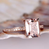 2ct Emerald Cut Peach Morganite Gatsby Halo Engagement Ring 14k Rose Gold Finish