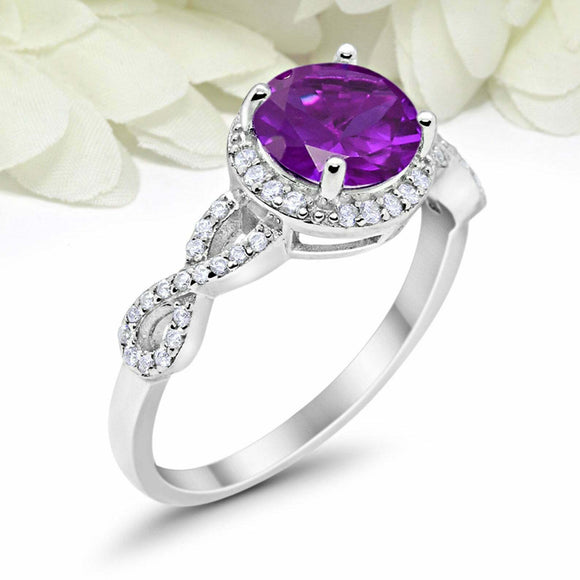 2ct Round Purple Amethyst Engagement Ring Twist Shank Halo 14k White Gold Finish