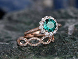 3Ct Round Cut Green Emerald Bridal Set Halo Floral Ring Band 14K Rose Gold Over