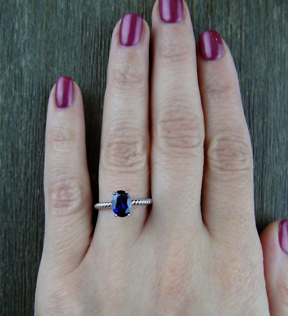 1ct Oval Cut Blue Sapphire Engagement Ring 14k White Gold Finish Rope Solitaire