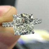 3Ct Cushion Cut Diamond Solitaire with Round Accents Ring 14K White Gold Finish