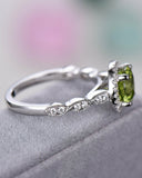 1.5Ct Round Cut Green Peridot Diamond Halo Engagement Ring 14K White Gold Finish