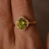 1ct Oval Cut Green Peridot Engagement Ring 14k YellowGold Finish Halo Solitaire