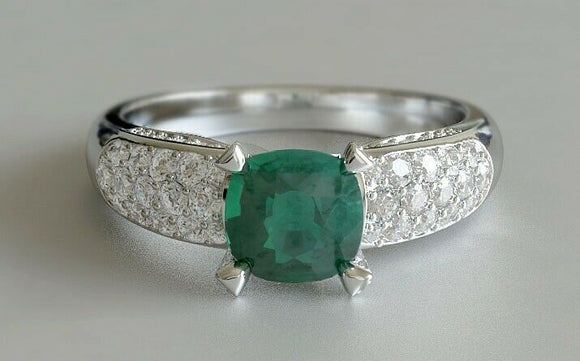 2ct Cushion Cut Green Emerald Engagement Ring Studded Accent 14k White Gold Over