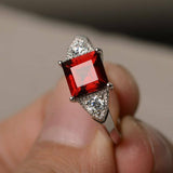 2ct Asscher Cut Red Garnet Trilogy Wedding Engagement Ring 14k White Gold Finish