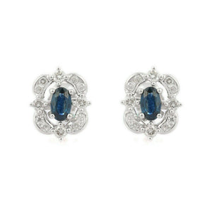 2ct Stud Earrings Oval Cut Blue Sapphire Vintage Inspired 14k White Gold Finish