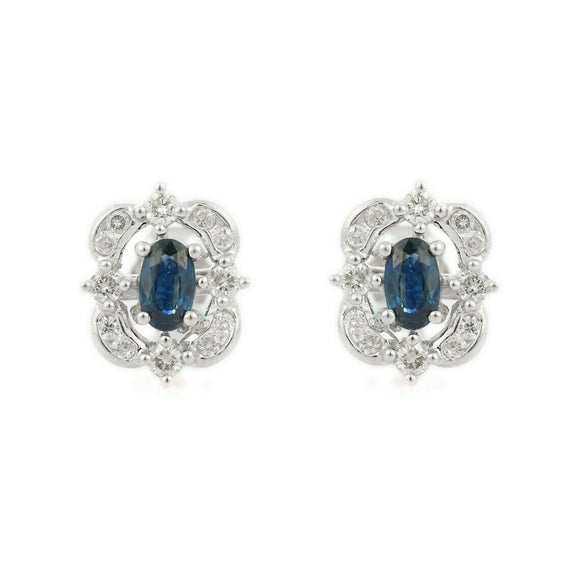 2ct Stud Earrings Oval Cut Blue Sapphire Vintage Inspired 14k White Gold Finish