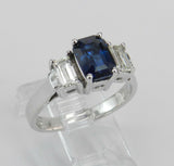 2.3ct Emerald Cut Blue Sapphire Trilogy Engagement Ring 14k White Gold Finish