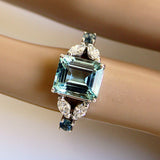 3Ct Emerald Cut Blue Aquamarine Art Deco Engagement Ring 14K White Gold Finish