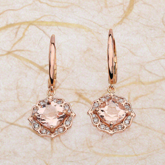 1ct Cushion Cut Morganite Vintage Floral Stud Earring Women 14k Rose Gold Finish