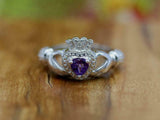 1ct Heart Purple Amethyst Engagement Ring Claddagh Irish 14k White Gold Finish