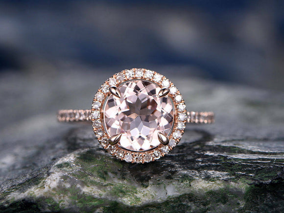 2Ct Round Cut Peach Morganite Solitaire Halo Engagement Ring 18K Rose Gold Over