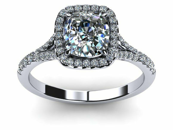 1.6ct Cushion Cut Diamond Halo Split Shank Engagement Ring 14k White Gold Finish