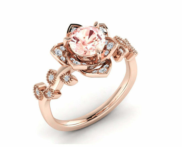 1.6ct Round Cut Peach Morganite Flower Leaves Engagement Ring 14k Rose Gold Over