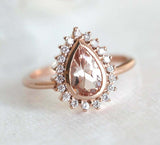 2ct Pear Cut Peach Morganite Engagement Ring 14k Rose Gold Finish Diamond Halo