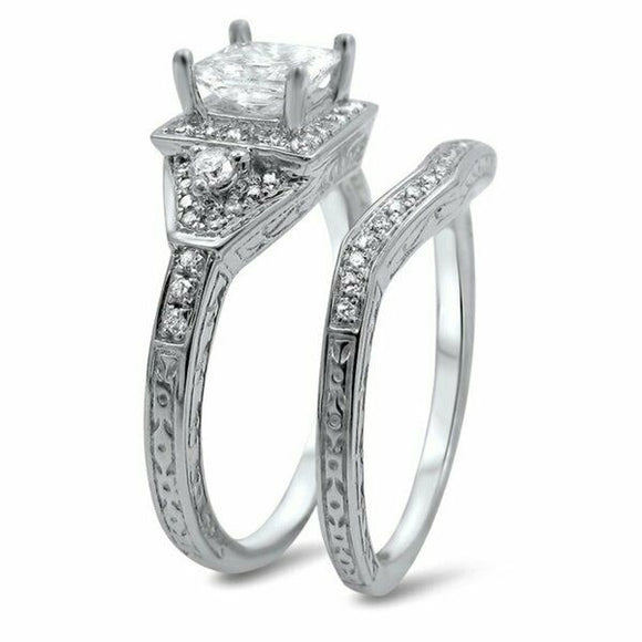 4Ct Princess Cut Diamond Vintage Bridal Set Engagement Ring 14K White Gold Over